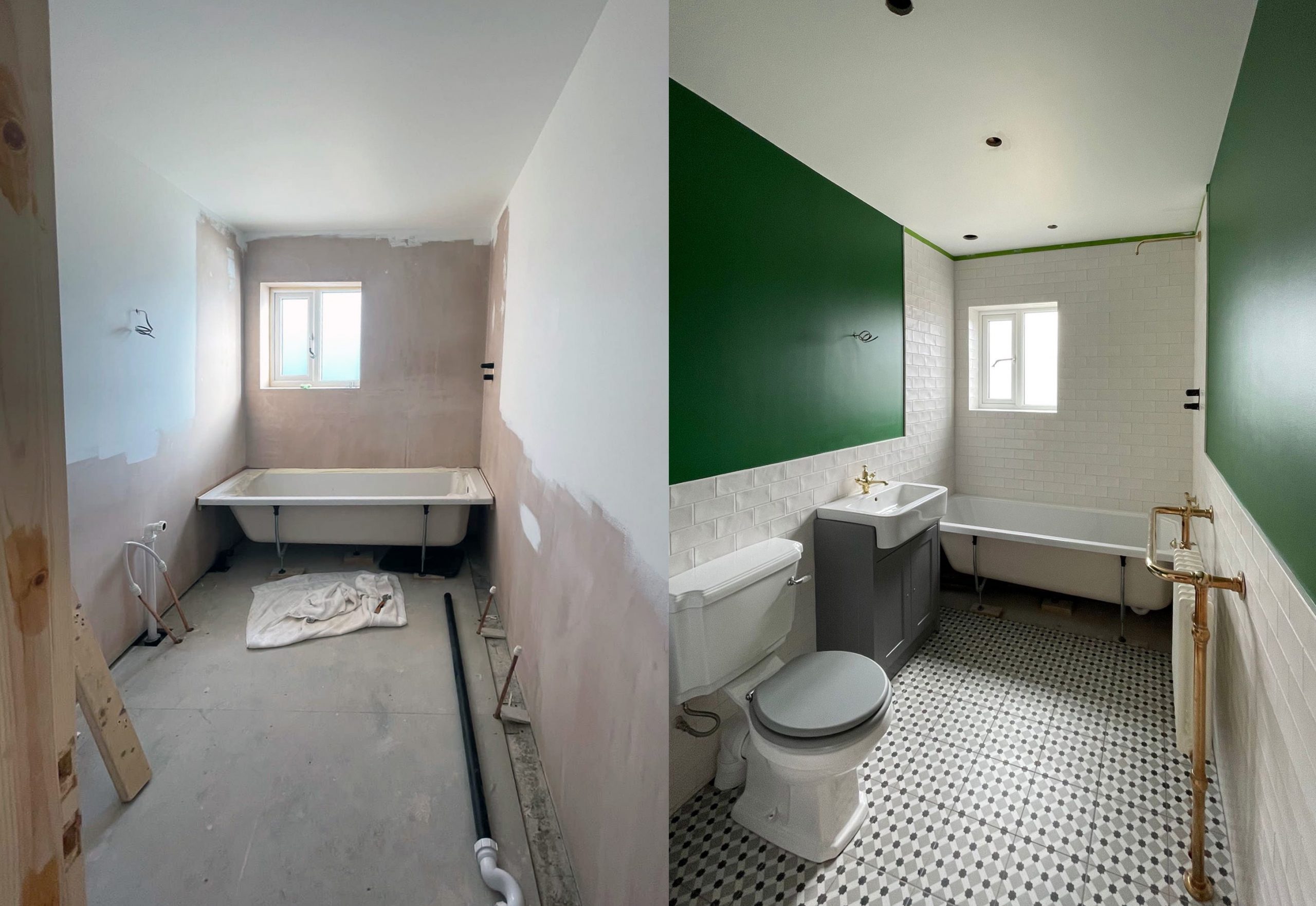 before and after bathroom conversion, freshly plastered walls