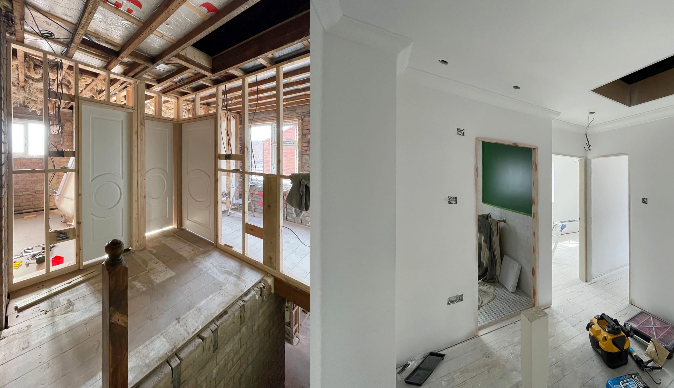 Before and after hallway, stud walls installed and plastered in house renovation in Newark Nottinghamshire